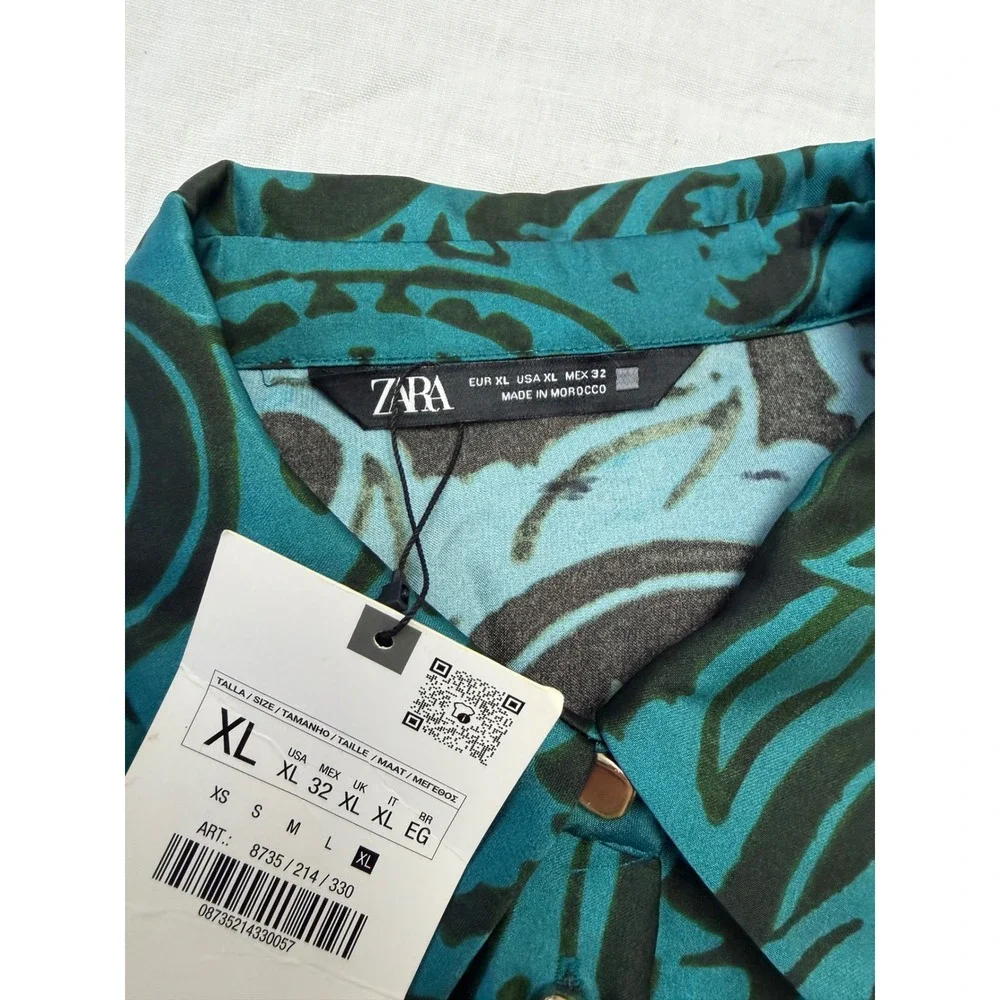 ZARA Teal Black Paisley Satin Shirt Dress XL Long Sleeve Button Up 8735/214 - Picture 12 of 12